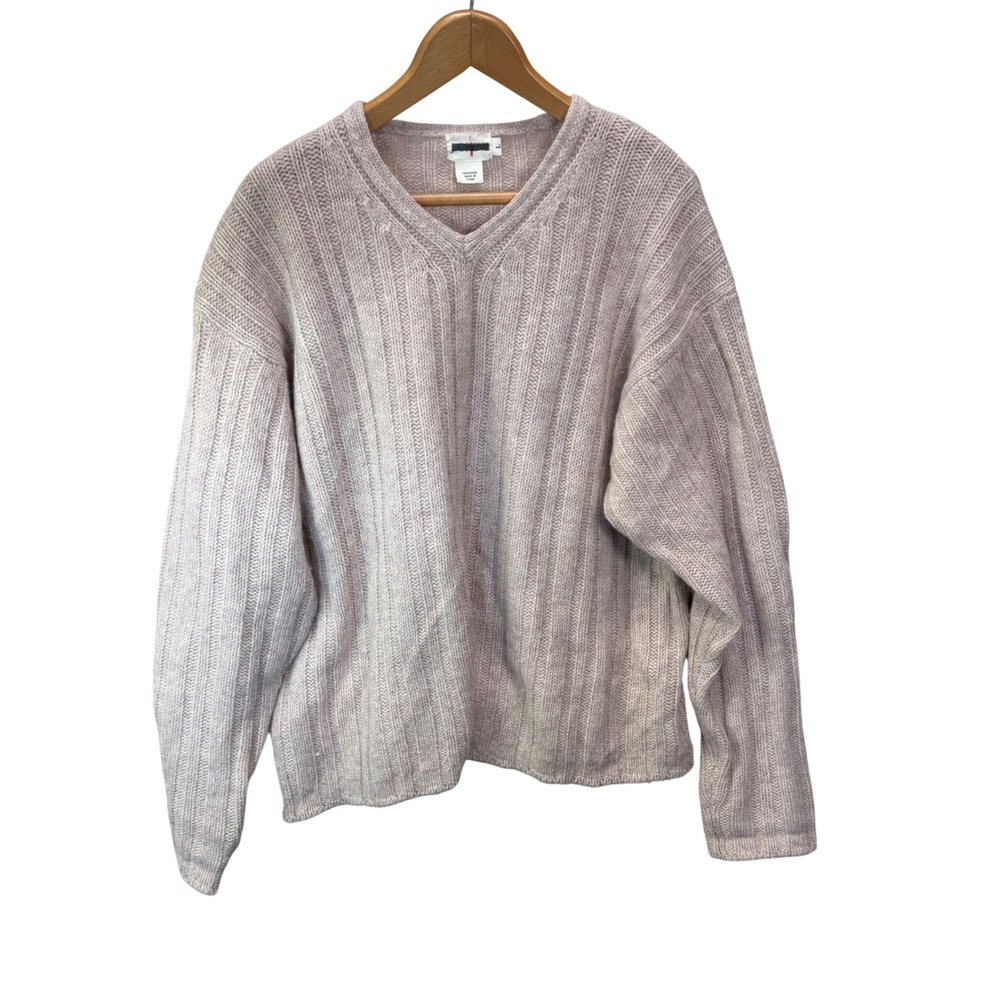 J.Crew Mens V-Neck Sweater 100% Wool Ribbed Knit Heathered Oatmeal Large